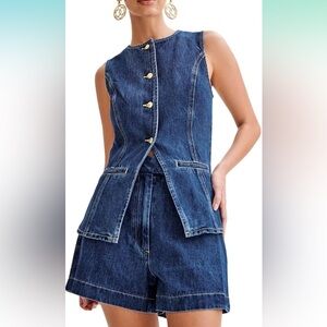 Women's Denim 2 Piece Set Casual Sleeveless Jean Blazer Vest Top/Shorts